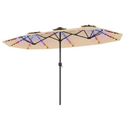 Ombrellone doppio da giardino con luci regolabili manovella, Ombrellone ampio doppio protezione solare resistente Beige