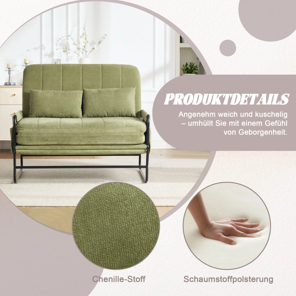 Divano letto 2 posti trasformabile 104x200 cm in chenille e metallo; verde oliva