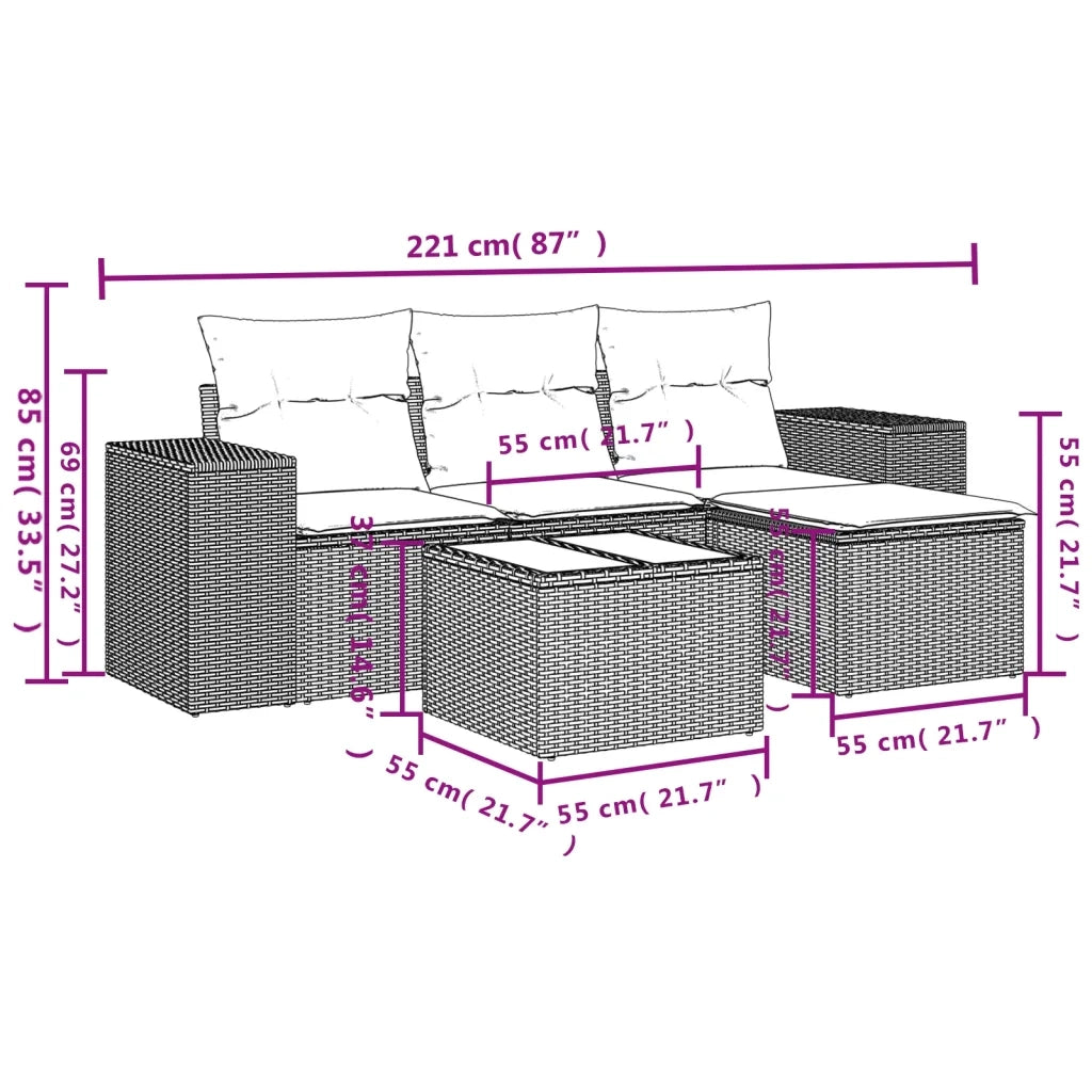 Set Divani da Giardino 5 pz con Cuscini in Polyrattan Nero 3222474