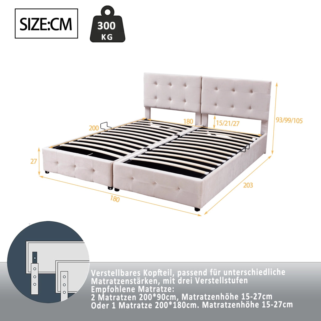 Letto contenitore 180 × 200 cm con apertura idraulica divisibile in due letti rivestito in velluto beige