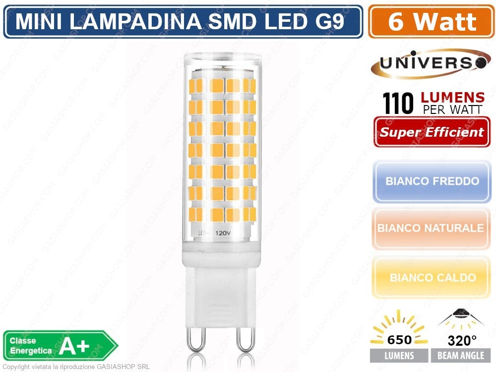 CONFEZIONE 5 MINI LAMPADINA CORN TUBOLARE LED SMD 2835 G9 6W WATT 680 LUMEN - Colore Luce:Bianco Freddo
