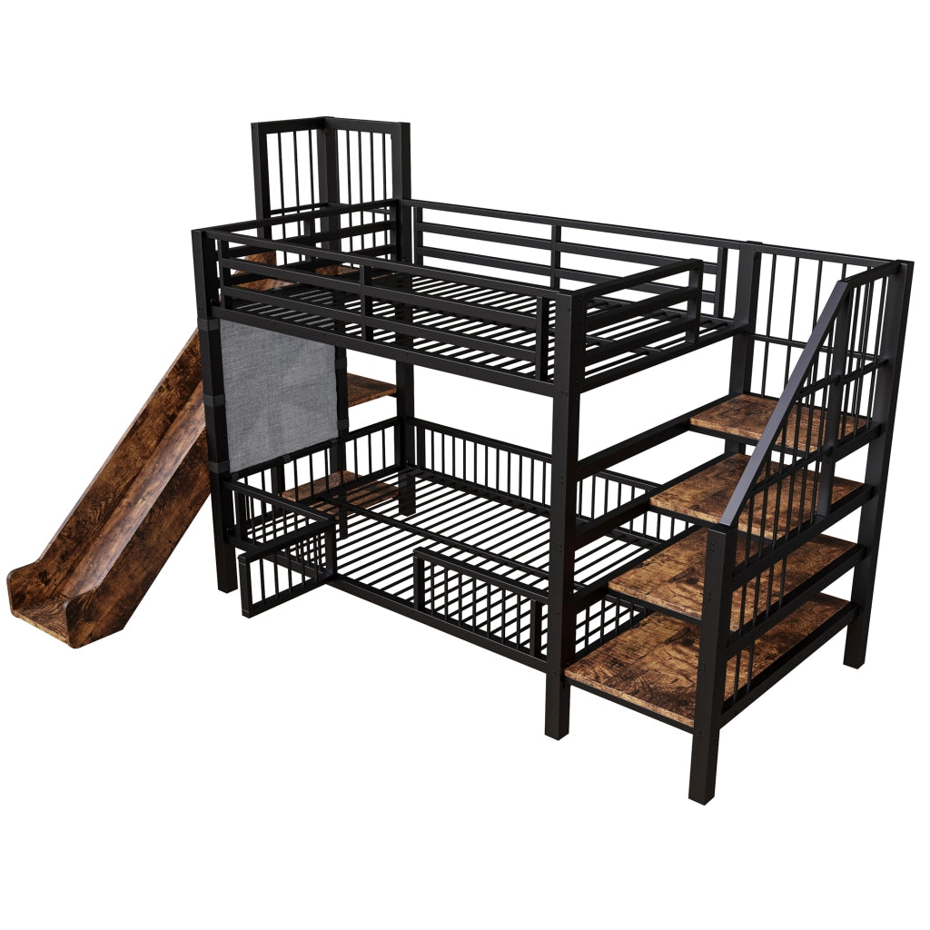 Letto a castello per bambini in metallo con scivolo, scala con contenitore e ripiani integrati 90x200 cm, nero