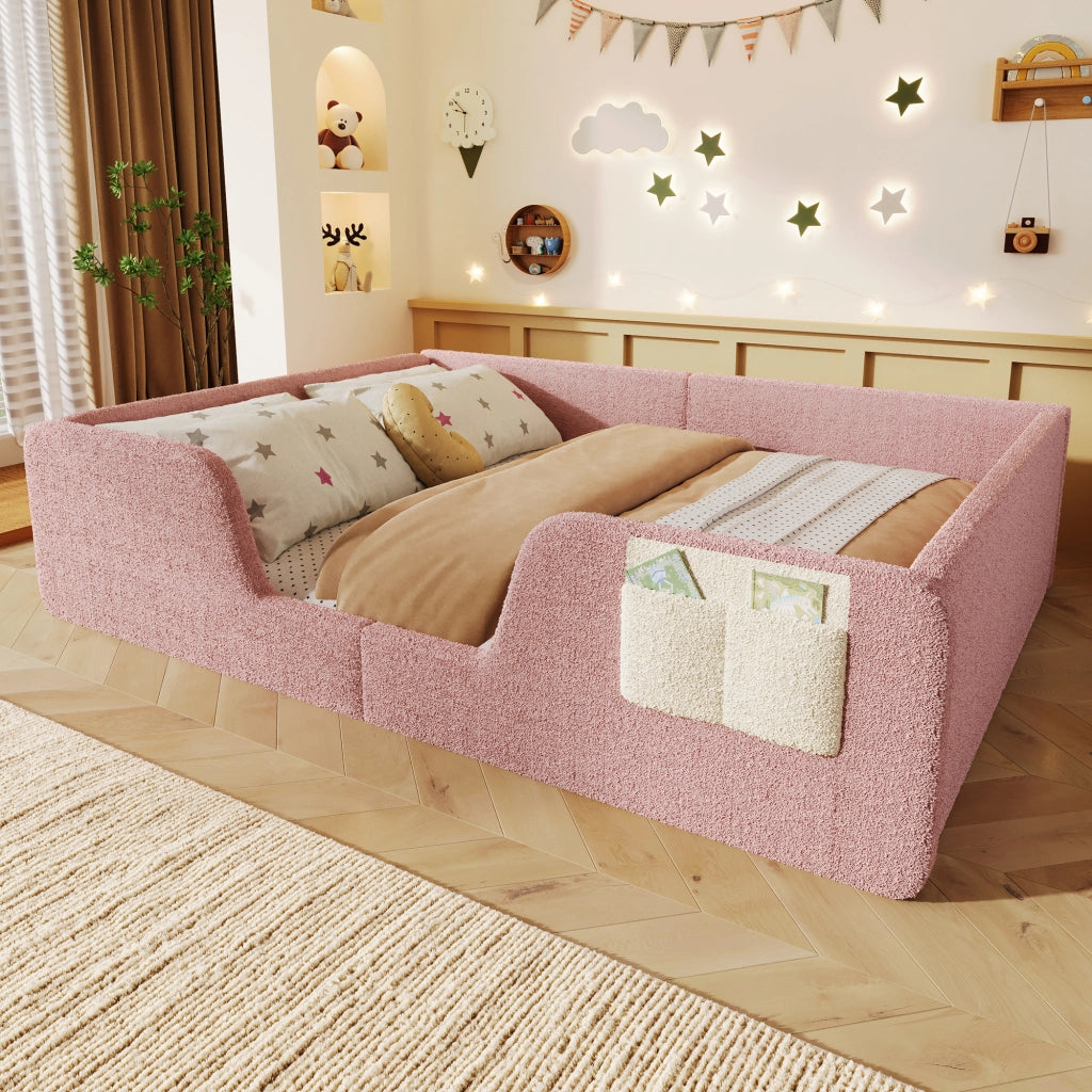 Letto per bambini imbottito 140 ¡Á 190 cm in velluto rosa con sponde removibili e tasca portaoggetti
