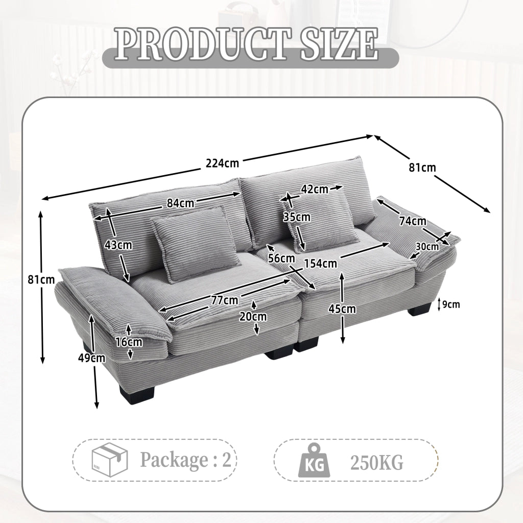 Divano a 2 posti in velluto; seduta profonda 224x81x81 cm; grigio chiaro