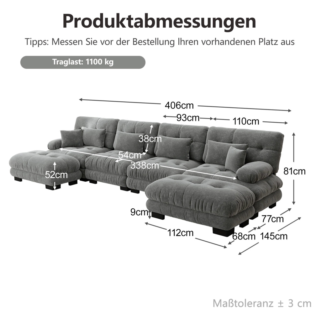 Divano modulare con ottomano mobile in chenille grigio
