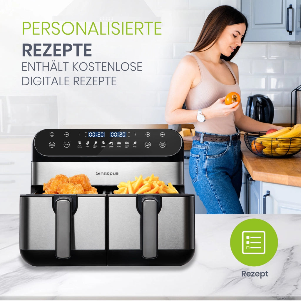 Friggitrice ad aria 10 l a doppio cestello indipendente 2400 W con display LED touch e 8 programmi colore nero
