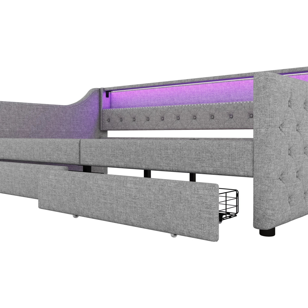 Letto divano singolo 90 × 200 cm con 2 cassetti; USB e LED regolabile; senza materasso; in lino; grigio