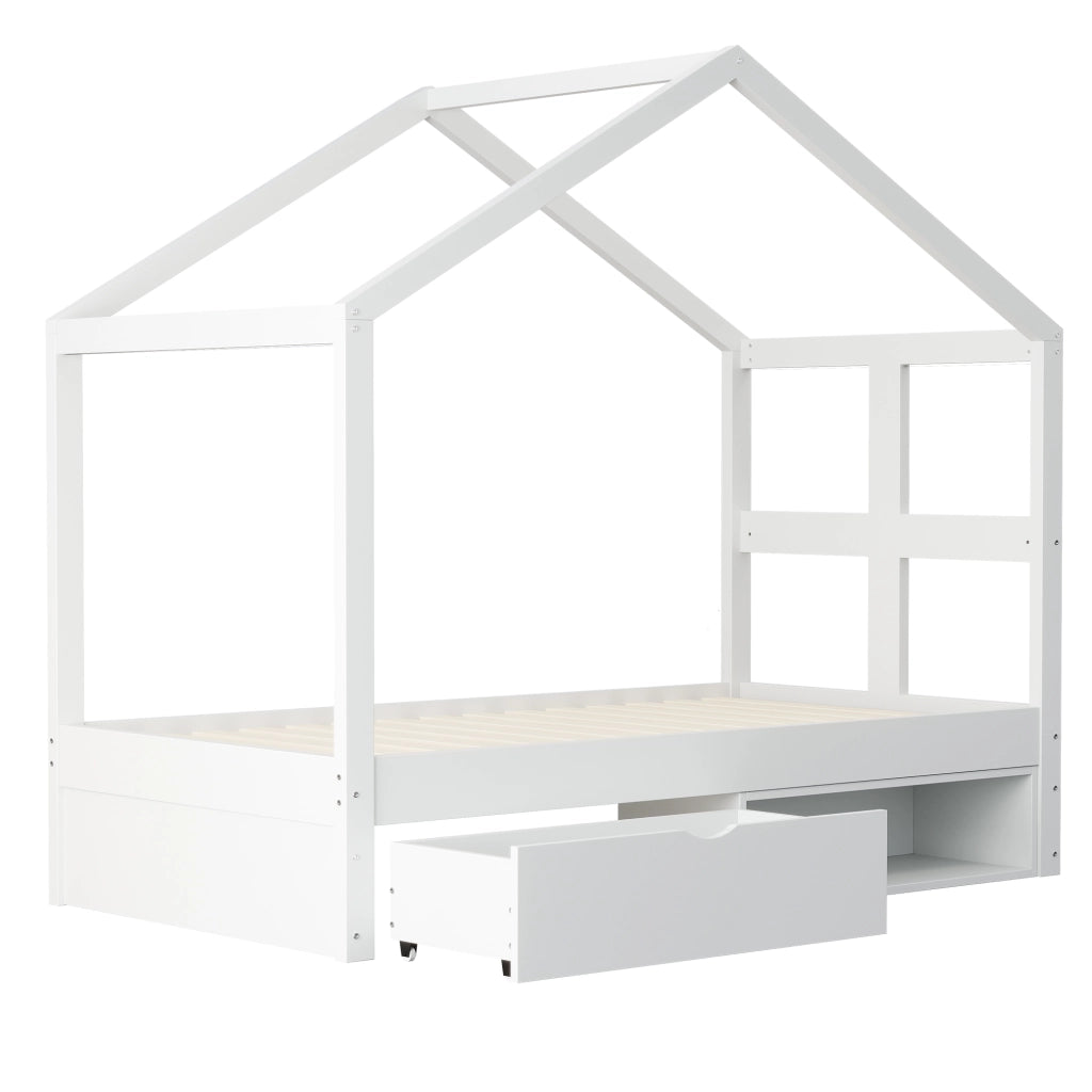 Letto singolo a casetta 90x190 cm bianco con cassetti; scarpiera e LED multicolore