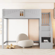 Letto a soppalco in legno massiccio 90x200 cm con scala laterale reversibile e pannello di sicurezza con finestra, colore grigio