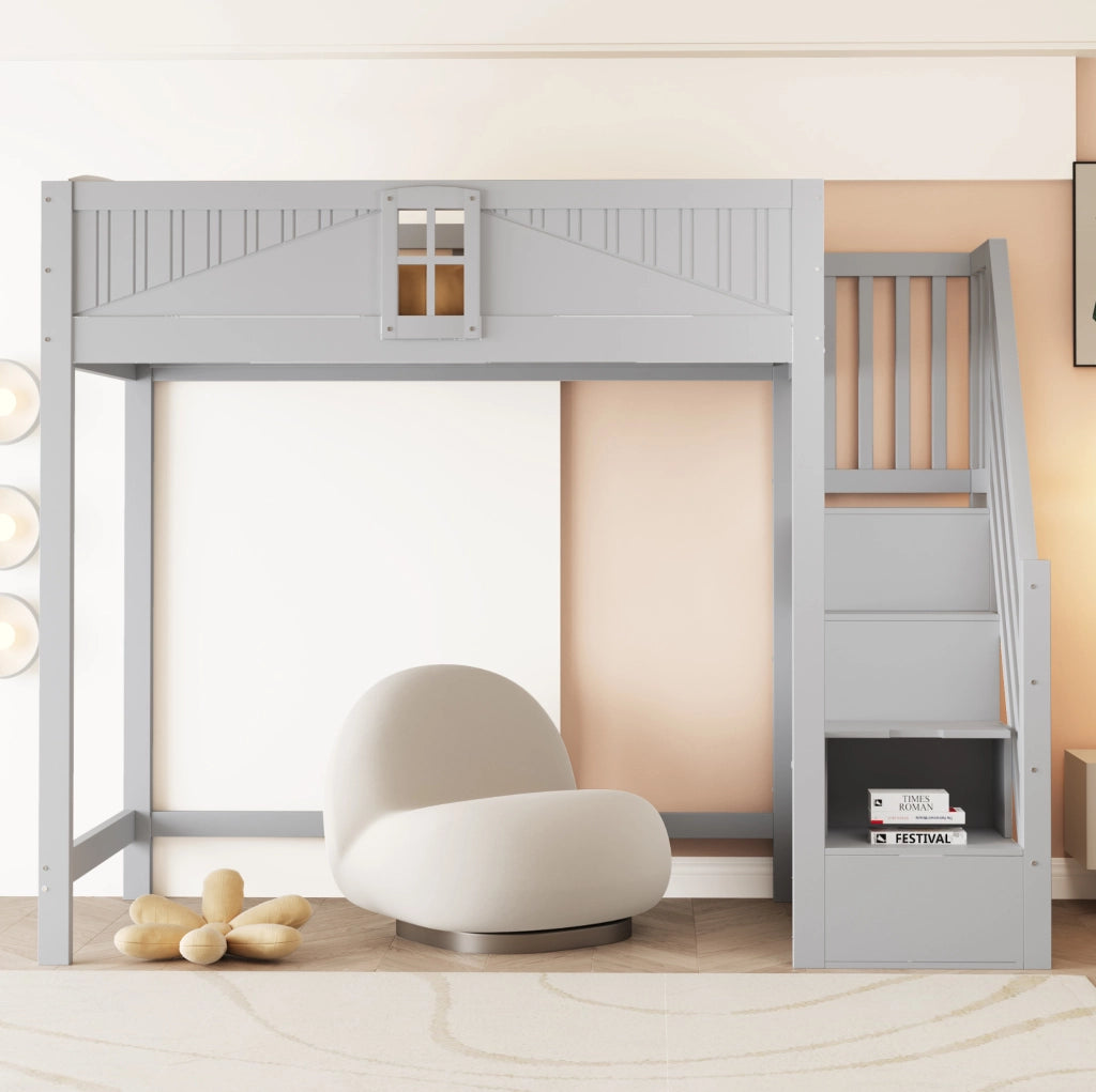 Letto a soppalco in legno massiccio 90x200 cm con scala laterale reversibile e pannello di sicurezza con finestra, colore grigio