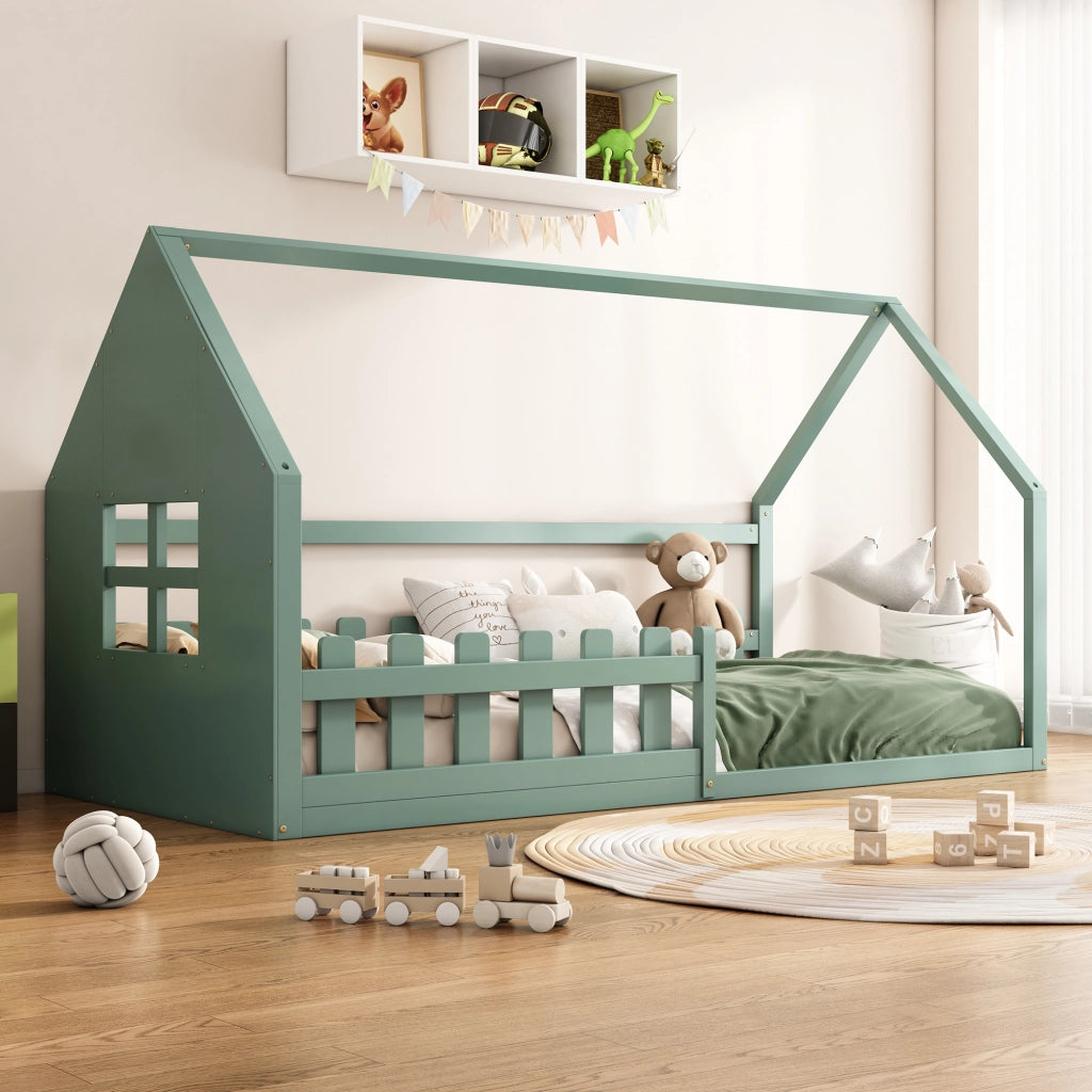 Letto a casetta 90 × 200 cm con 7 doghe struttura bassa in legno e MDF verde per cameretta