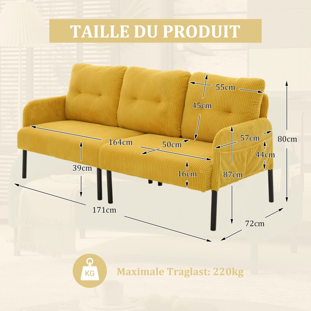 Divano 3 posti in tessuto a coste con schienale alto, tasche laterali e gambe in metallo, dimensioni 171x72x80 cm