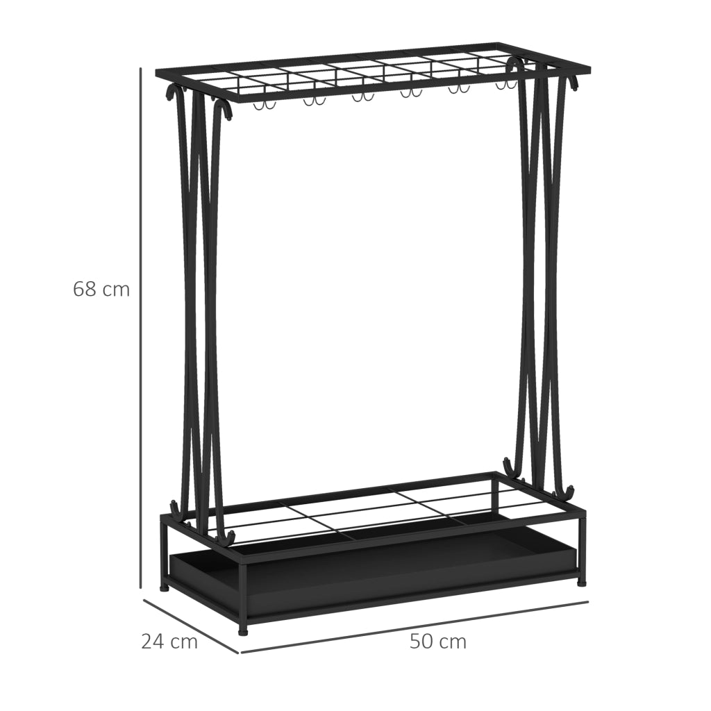 Portaombrelli rettangolare in acciaio nero con 21 supporti e 24 ganci; vaschetta estraibile 50 × 24 × 68 cm