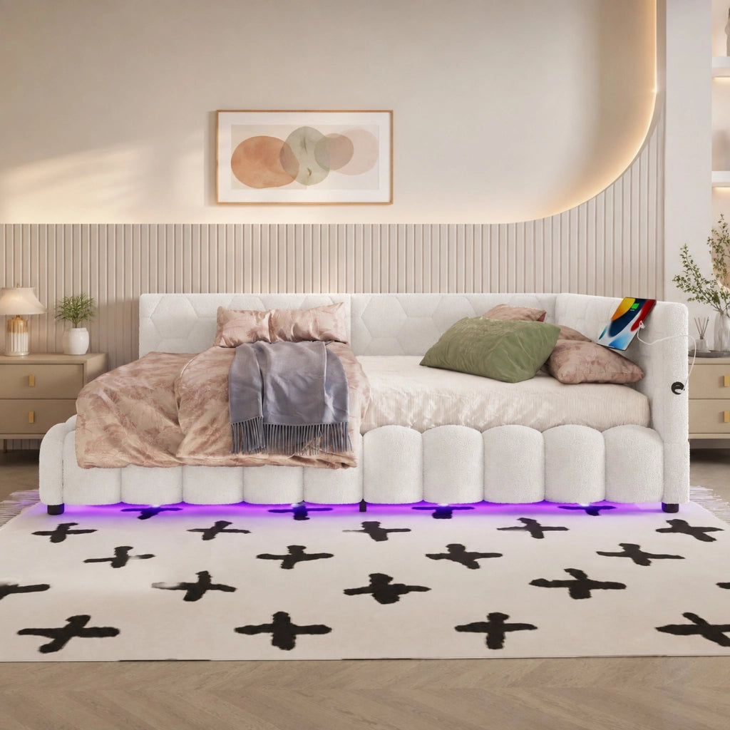 Daybed 140x200 cm con contenitore idraulico, LED, USB e Type-C, bianco