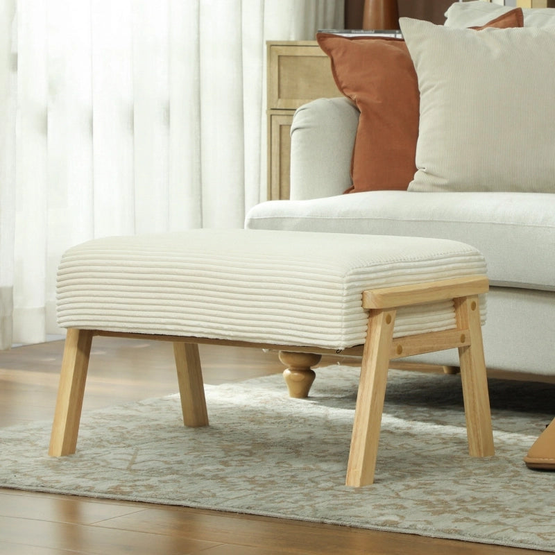 Repose-pied imbottito in Poliestere con gambe in legno, stile retrò, Bianco crema 70 × 46 × 40 cm