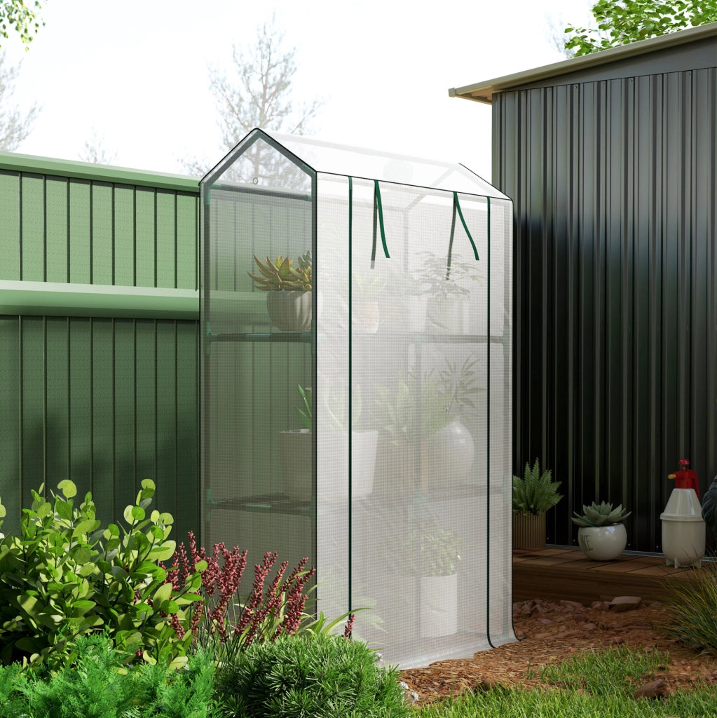 Serra da Giardino in Acciaio con Ripiani a 3 Livelli e Porta Avvolgibile, Copertura in Plastica UV Resistente 100x40x150 cm, Bianco