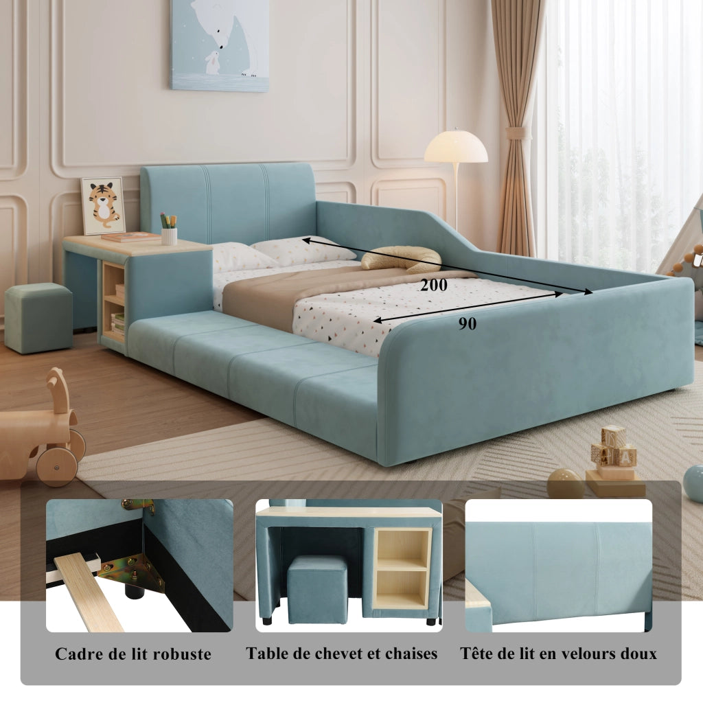 Letto singolo 90 × 200 cm con scrivania e sgabello vano laterale testiera imbottita in velluto blu doghe in legno