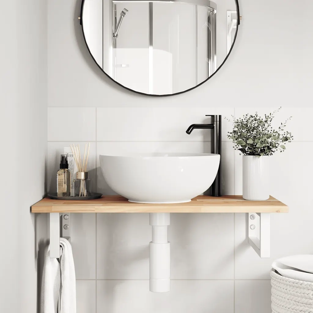Ripiano a Parete per Lavabo in Acciaio e Massello di Acacia 3302668