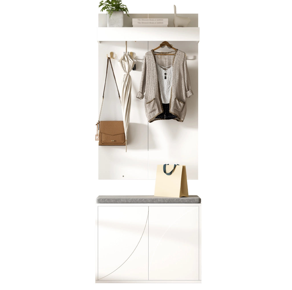 Set guardaroba 3 in 1 con appendiabiti, scarpiera a 2 ante e panca, bianco, 60x35x(45+100) cm