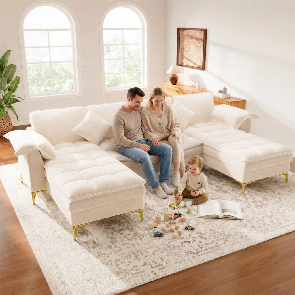 Divano angolare a U 4-5 posti - con 2 chaise longue e 2 cuscini - in chenille beige
