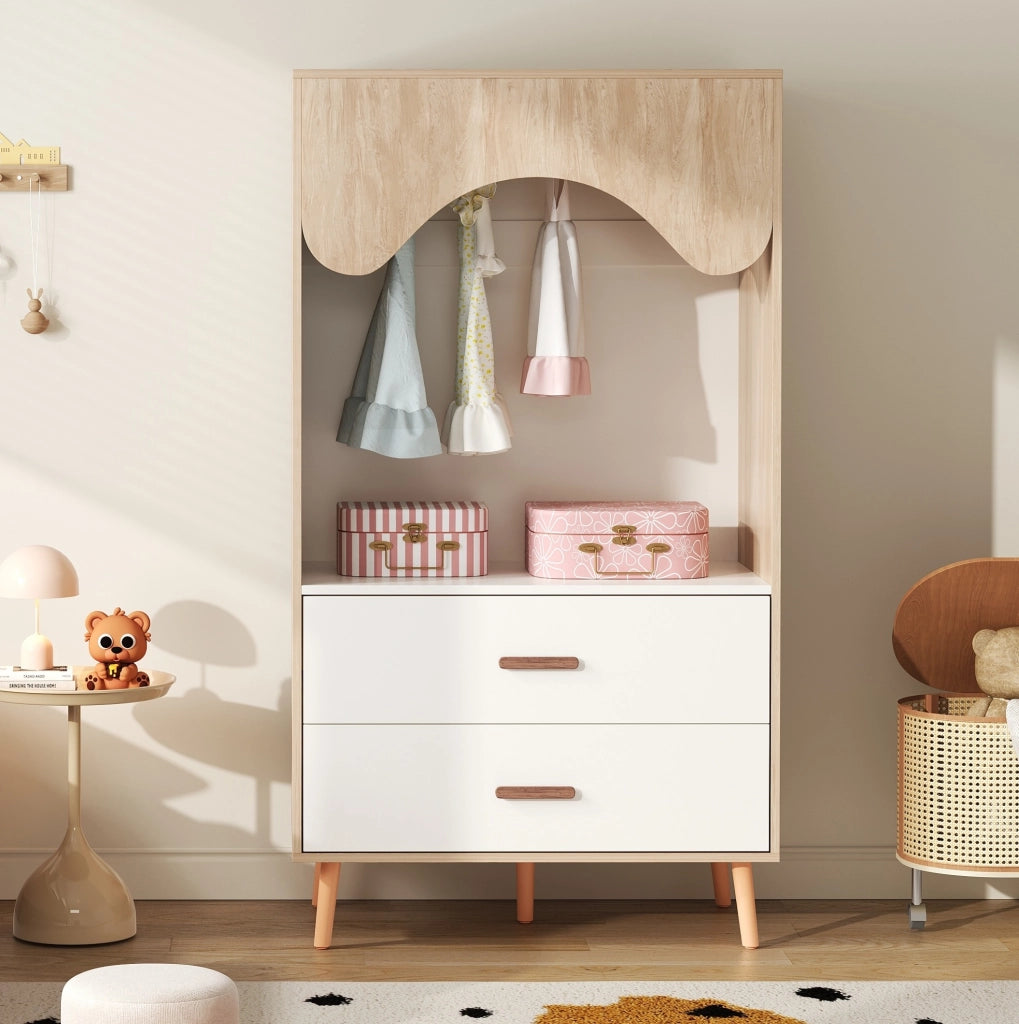 Armadio Aperto per Bambini in Legno 80 x 46 x 141.5 cm con Barra Appendiabiti e 2 Cassetti Bianco e Naturale