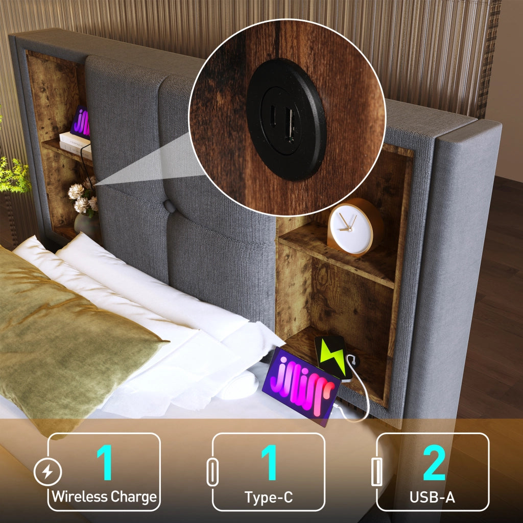 Letto singolo imbottito 90 × 200 cm con materasso e contenitore cotone grigio ricarica wireless USB e Type-C