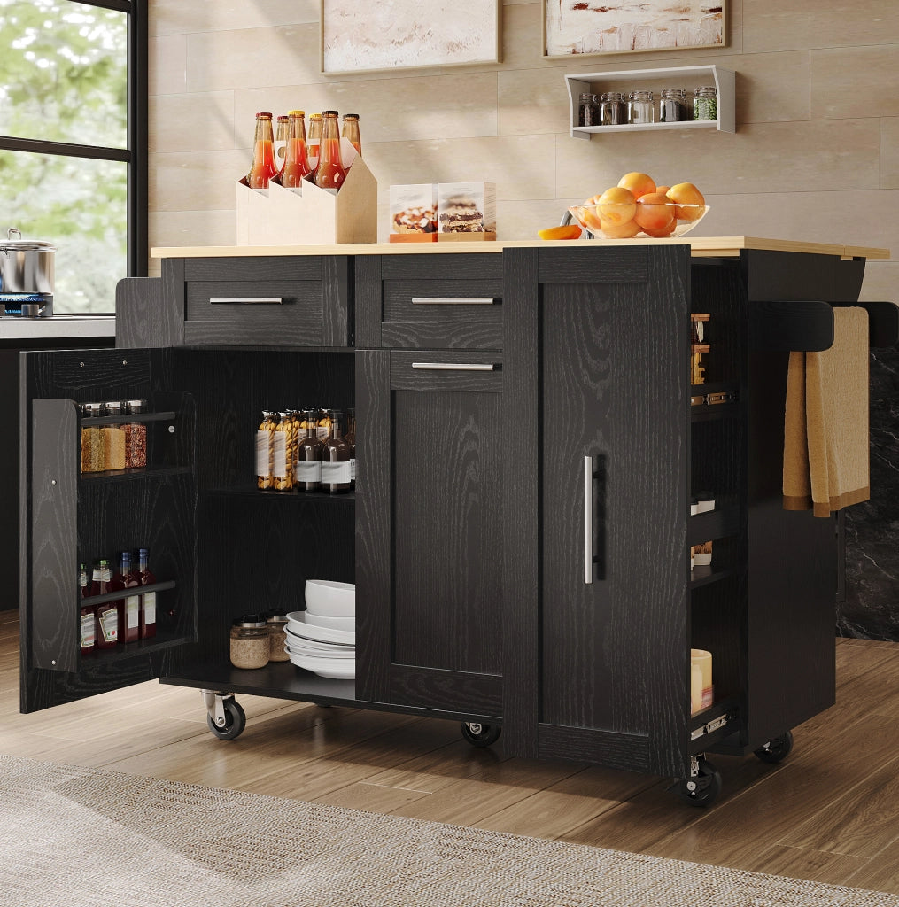 Isola da Cucina con Piano Pieghevole e Ruote Bloccabili 110 x 46 x 90.5 cm Nera - per Cucina