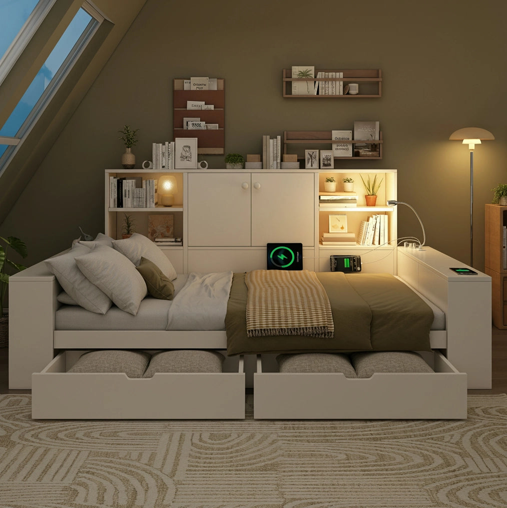 Letto matrimoniale 140x200 cm con cassetti; vano contenitore e prese USB/USB-C bianco HOMVRA