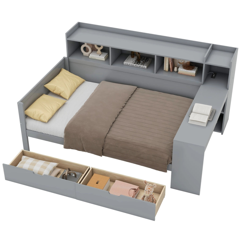 Letto singolo multifunzione 90x200 cm con scrivania; 2 cassetti; prese USB; grigio