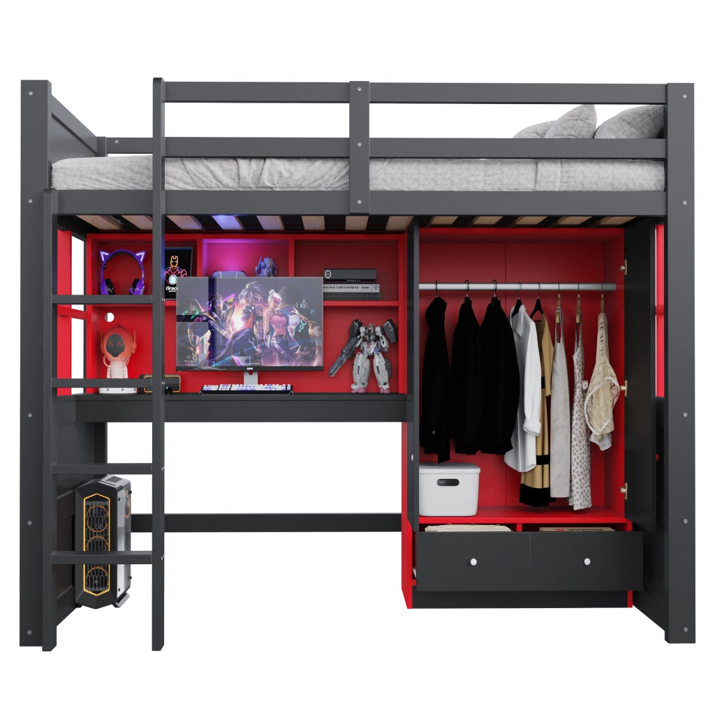 Letto a soppalco 90x200 cm gaming nero e rosso con scrivania; armadio e cassetti