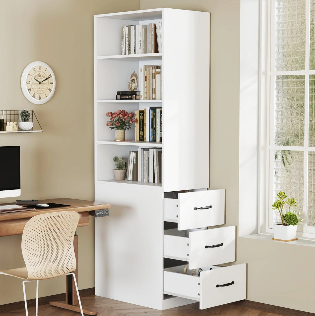 Libreria stretta 60x38x180 cm bianca con 3 cassetti laterali