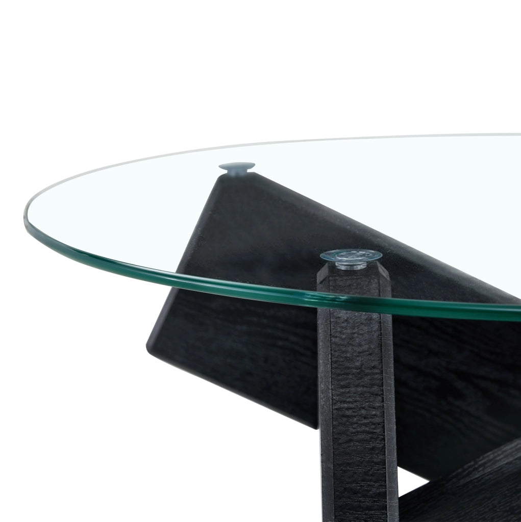 Tavolino rotondo in MDF e vetro con base a croce 79 cm nero effetto legno