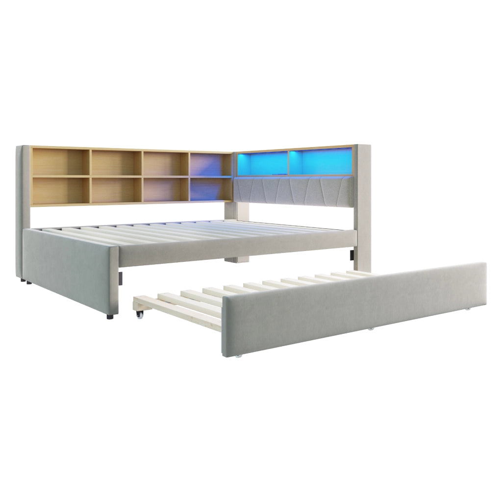 Divano letto multifunzione 140x200 cm con letto estraibile 90x190 cm; LED; grigio chiaro