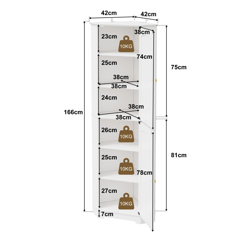 Armadio angolare con ripiani regolabili e 2 ante ad arco in MDF bianco per cucina e soggiorno 42 × 42 × 166 cm