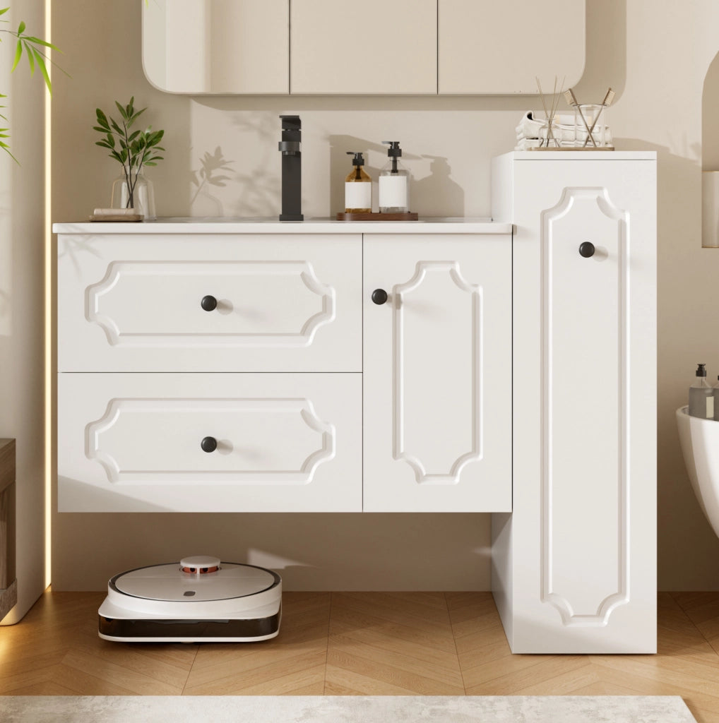 Set mobili bagno moderno 107 cm con lavabo in ceramica, 2 cassetti, mobile sottolavabo e colonna integrata bianco