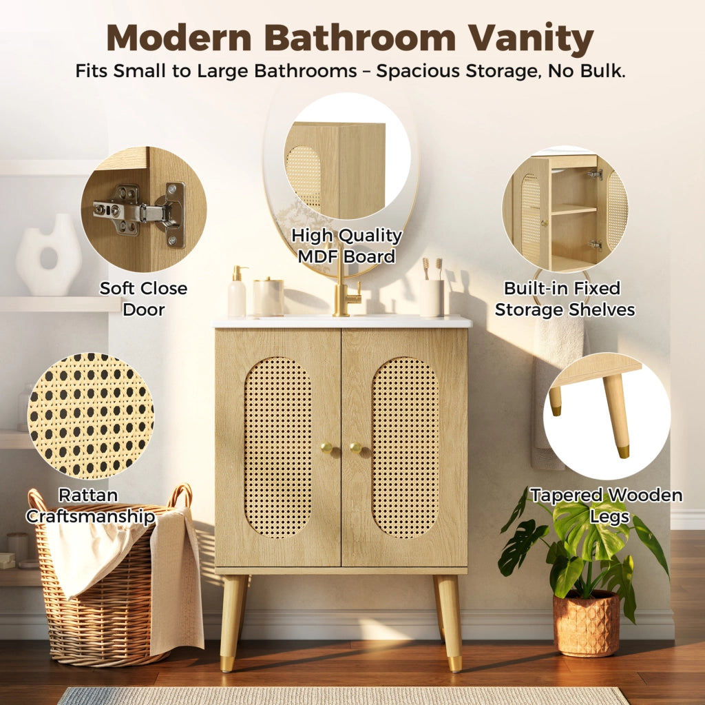 Mobile bagno 61cm con lavabo in ceramica, ante in rattan traspirante e struttura in MDF effetto legno naturale