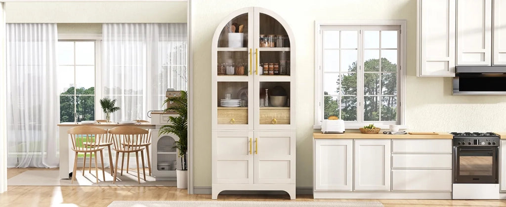 Highboard bianco con ripiani regolabili, cassetto e vetro scanalato. Mobile cucina con ampio spazio contenitore per soggiorno, sala da pranzo e cucina