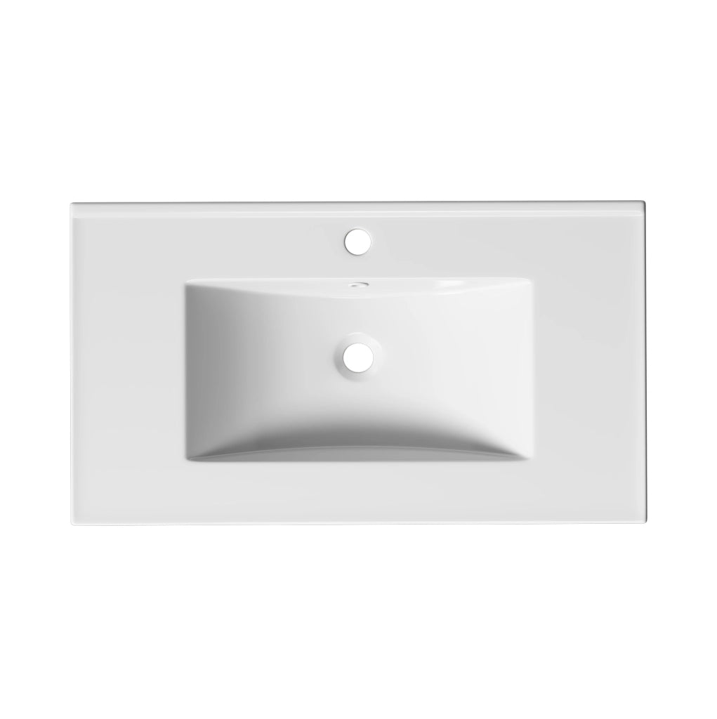 Mobile bagno 81 cm bianco lucido con tre cassetti, anta singola con ripiani e ampio spazio sotto lavabo, lavabo in ceramica incluso