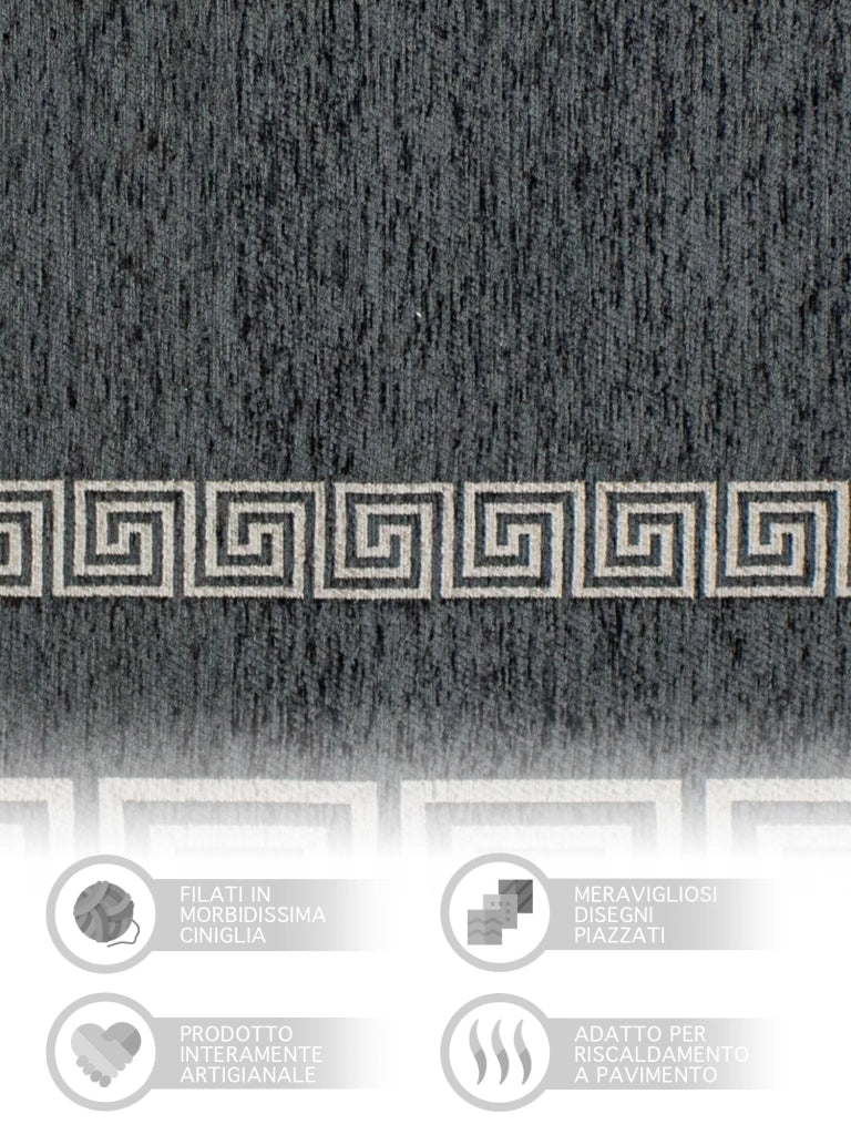 Tappeto Arredo Moderno Morbido in Ciniglia Ingresso Antiscivolo Prodotto Italiano  Soggiorno Camera Salotto Disegni Piazzati Cotone Varie Misure Grande Atena/Antracite - 65x175 cm