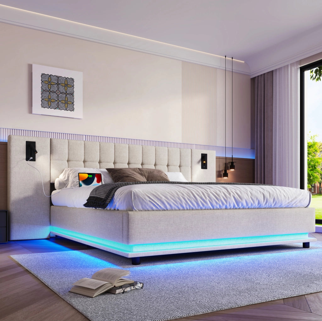 Letto matrimoniale 180x200 cm in lino beige con LED e USB, senza materasso