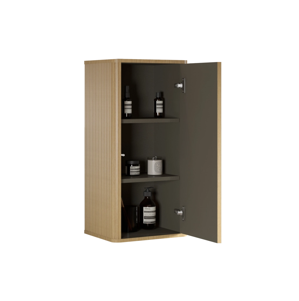 Mobile bagno da parete in rovere con design scanalato e apertura push-to-open