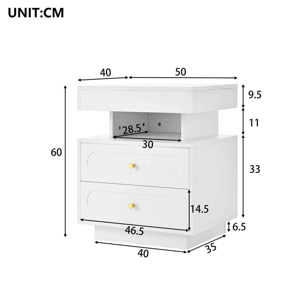 Comodino con LED 50x40x60 cm con vano aperto in pannello truciolare bianco