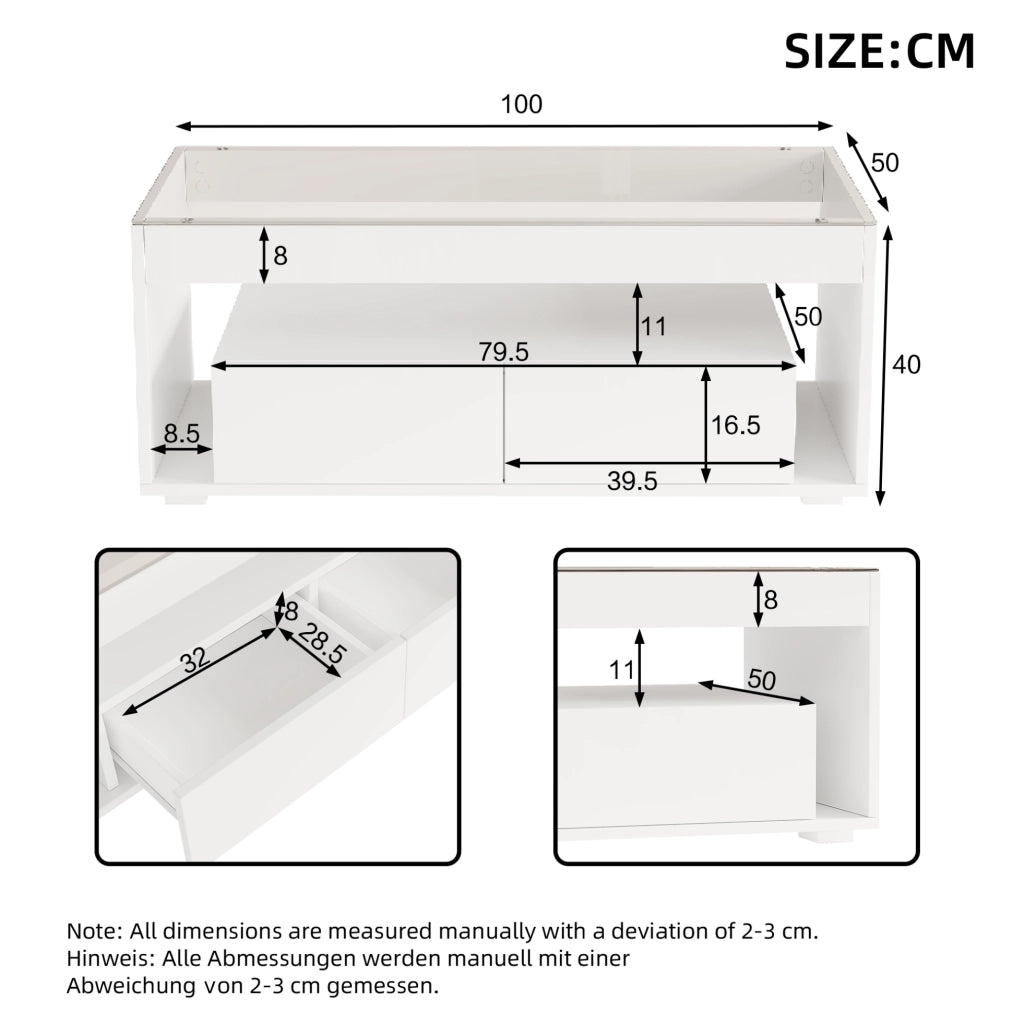 Tavolino da caffè moderno 100x50x40 cm bianco lucido con piano in vetro temperato, 2 ampi cassetti e illuminazione LED controllabile via app
