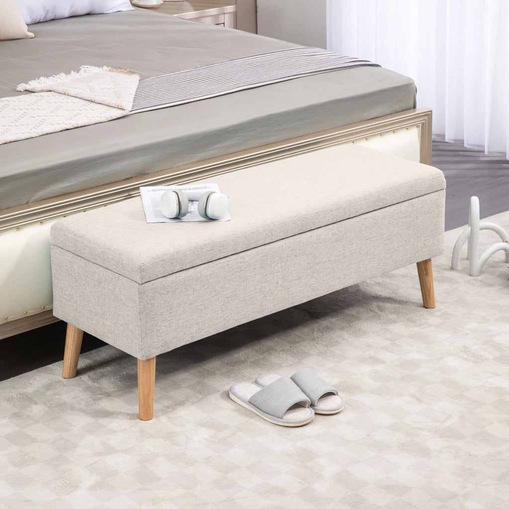 Panca contenitore imbottita 110x39x45 cm beige effetto lino con vano