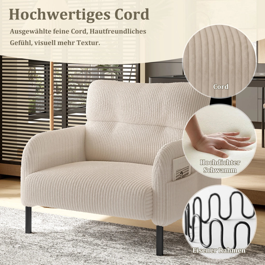 Poltrona singola beige in velluto a coste con tasca laterale