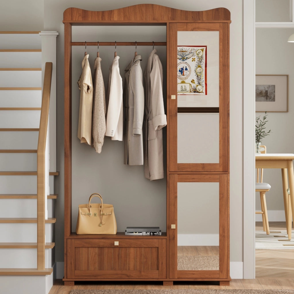 Garderobenschrank aus MDF in Nussbaum mit Ganzkörperspiegel und Offener Kleiderstange, 115,5x38,5x194,5 cm