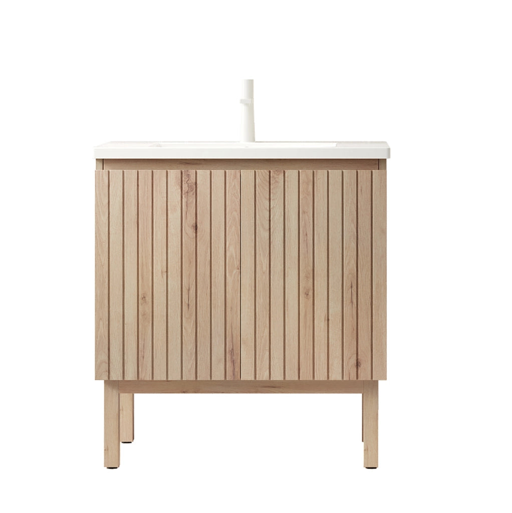 Mobile bagno indipendente NIKO 80 cm con lavabo in ceramica bianca e armadietto a righe in effetto legno di quercia bianca