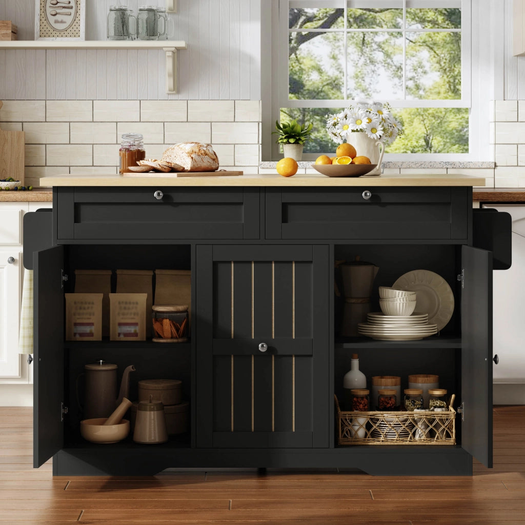Isola da cucina, piano ribaltabile, con armadietti, rotelle, 2 cassetti, finitura effetto legno, nero