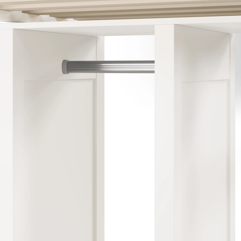 Letto a soppalco per bambini 90x200 cm con scrivania, armadio aperto e lavagna doppia, struttura in legno bianco senza materasso