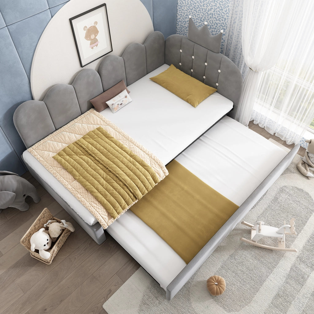 Letto Singolo 90x200 cm Imbottito con letto estraibile; Velluto; Grigio